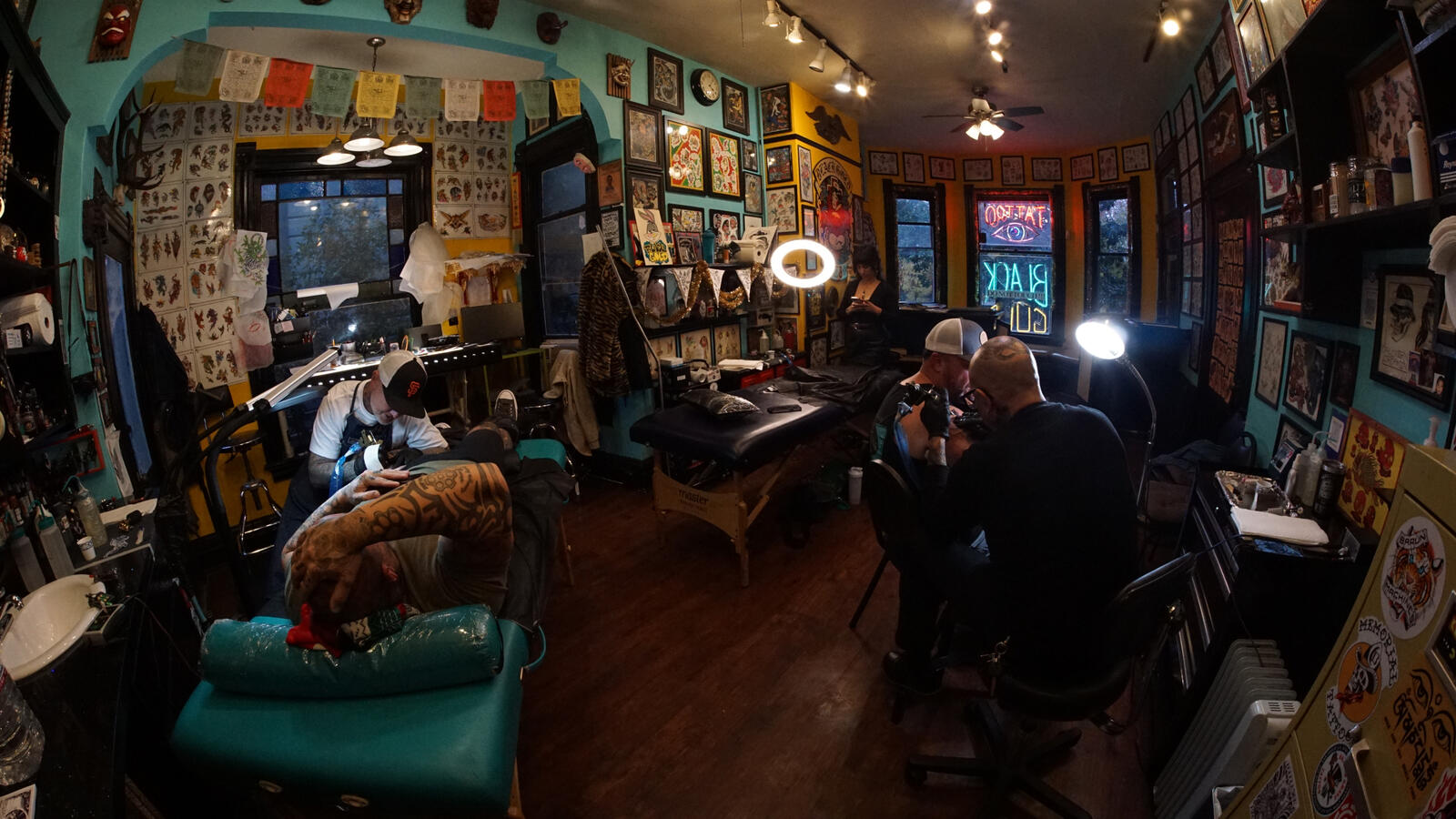 Staff artists at work in Black Gold Tattoo, a Midtown Sacramento tattoo shop located at 2421 J Street, established in 2013, known for Traditional, Japanese, Fine-Line, and Custom Tattoos