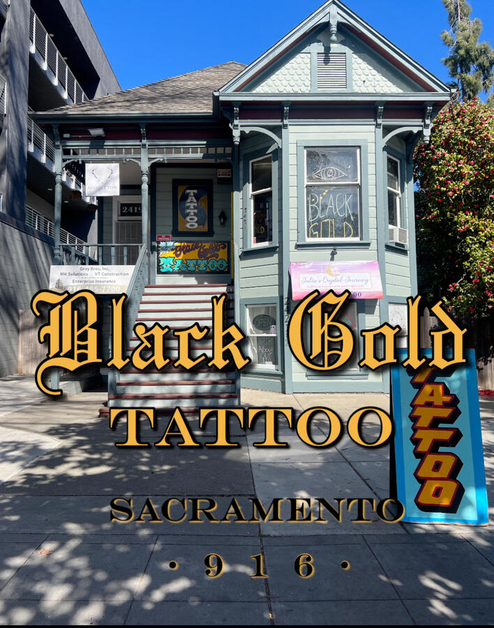Black Gold Tattoo exterior — Midtown Sacramento tattoo shop at 2421 J Street, established in 2013, known for Traditional, Japanese, Fine-Line, and Custom Tattoos