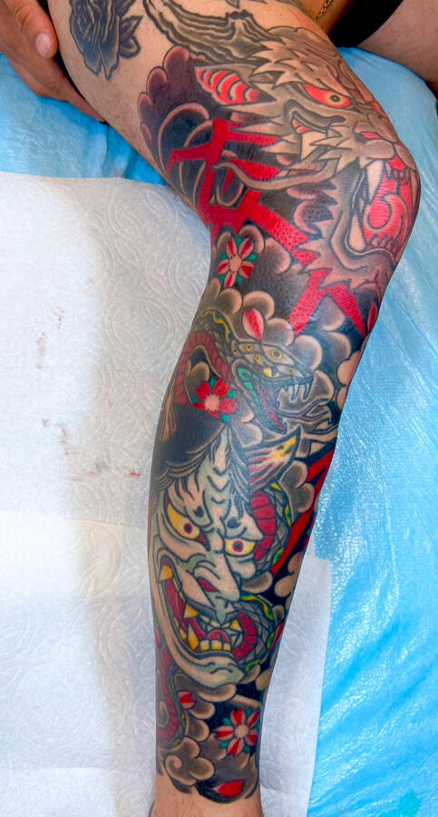 Japanese leg sleeve tattoo Traditional Japanese leg sleeve tattoo with Hannya mask, dragon, snake in Japanese tattoo style background motif