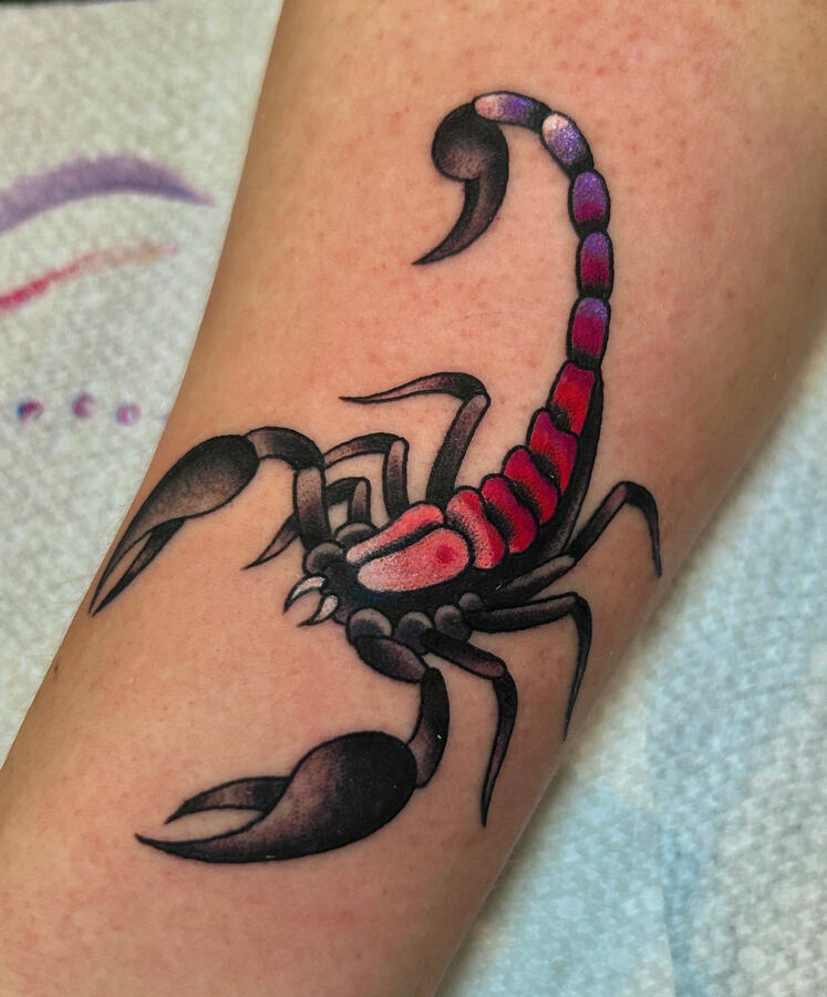 Colorful Scorpion Tattoo – Black Gold Tattoo, Midtown Sacramento Vibrant scorpion tattoo with strong color saturation completed at Black Gold Tattoo in Midtown Sacramento.