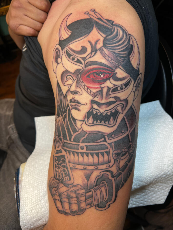 Japanese samurai woman with mask half sleeve tattoo Japanese samurai woman with hannya mask half sleeve tattoo