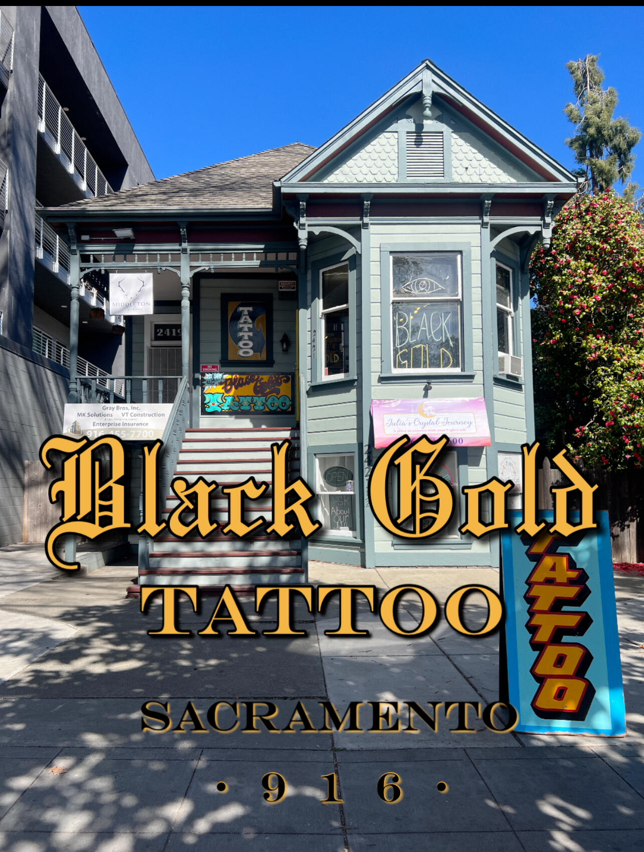 Black Gold Tattoo Building Exterior – Midtown Sacramento’s Best Tattoo Shop Front view of Black Gold Tattoo, a leading tattoo shop located at 2421 J St. in Midtown Sacramento, California. Specializing in traditional, Japanese, fine-line, black and grey, and custom tattoo styles, Black Gold Tattoo is known for expert artists, walk-
